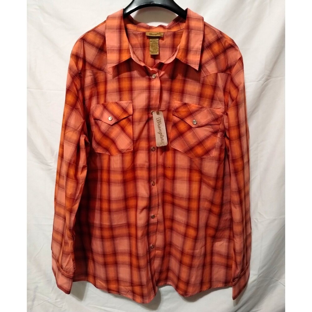 NWT Wrangler Womens Pearl Snap Western Shirt Plaid Long Sleeve Coral Orange 3XL